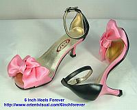 Pink Satin Bow Sandals with Black Heel Counter and Ankle Straps, 6cm High Heels, High Heel Shoes